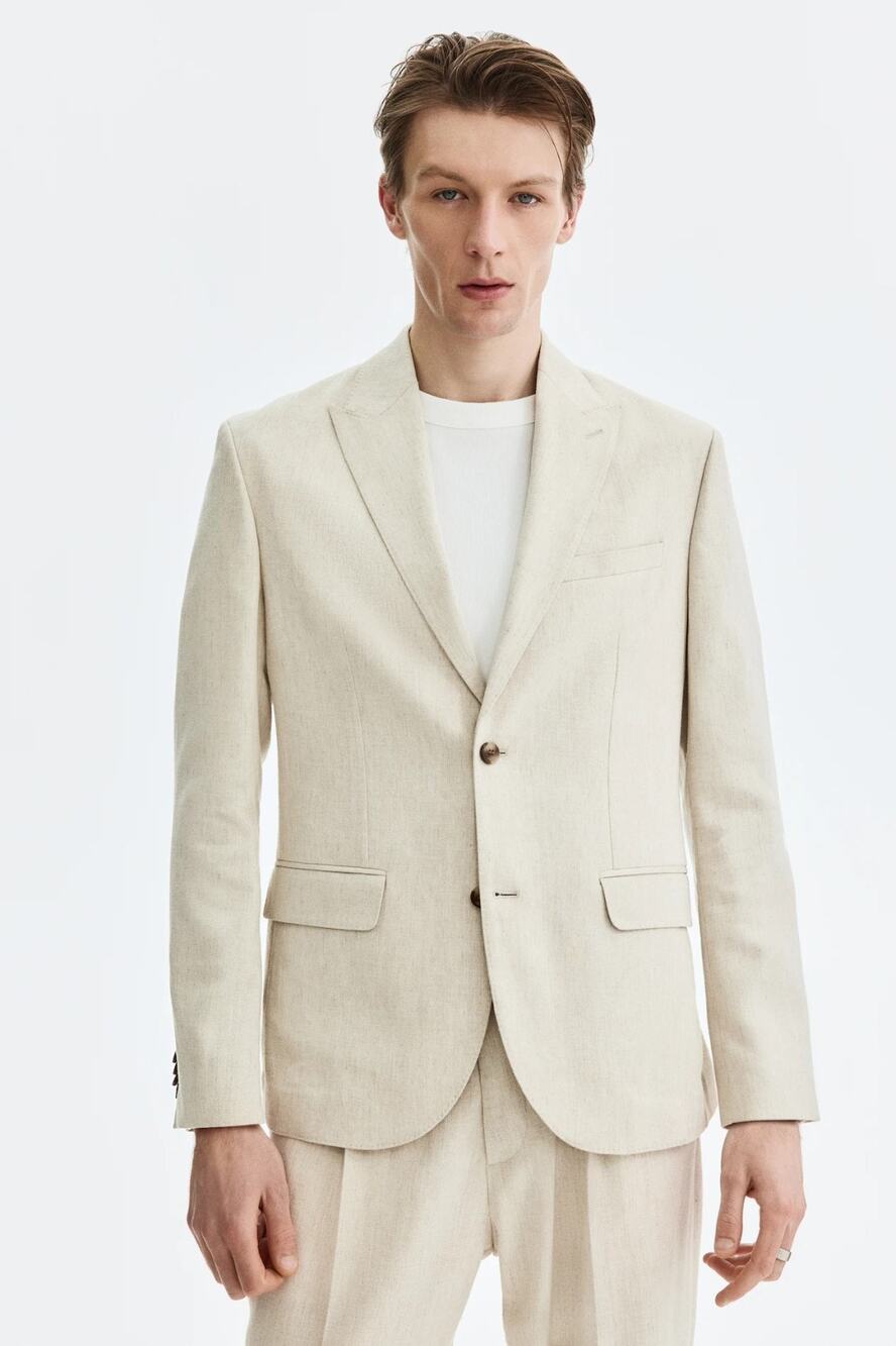 H&M Mens Light Beige 100% Linen Blazer Jacket Size 40 R Beach Wedding Cruise